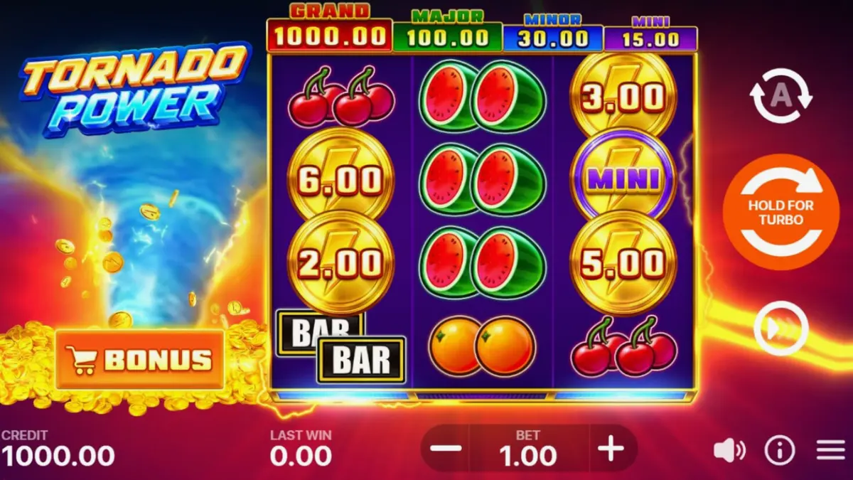 Tampilan visual slot Tornado Power: Hold and Win dengan elemen petir dan buah-buahan