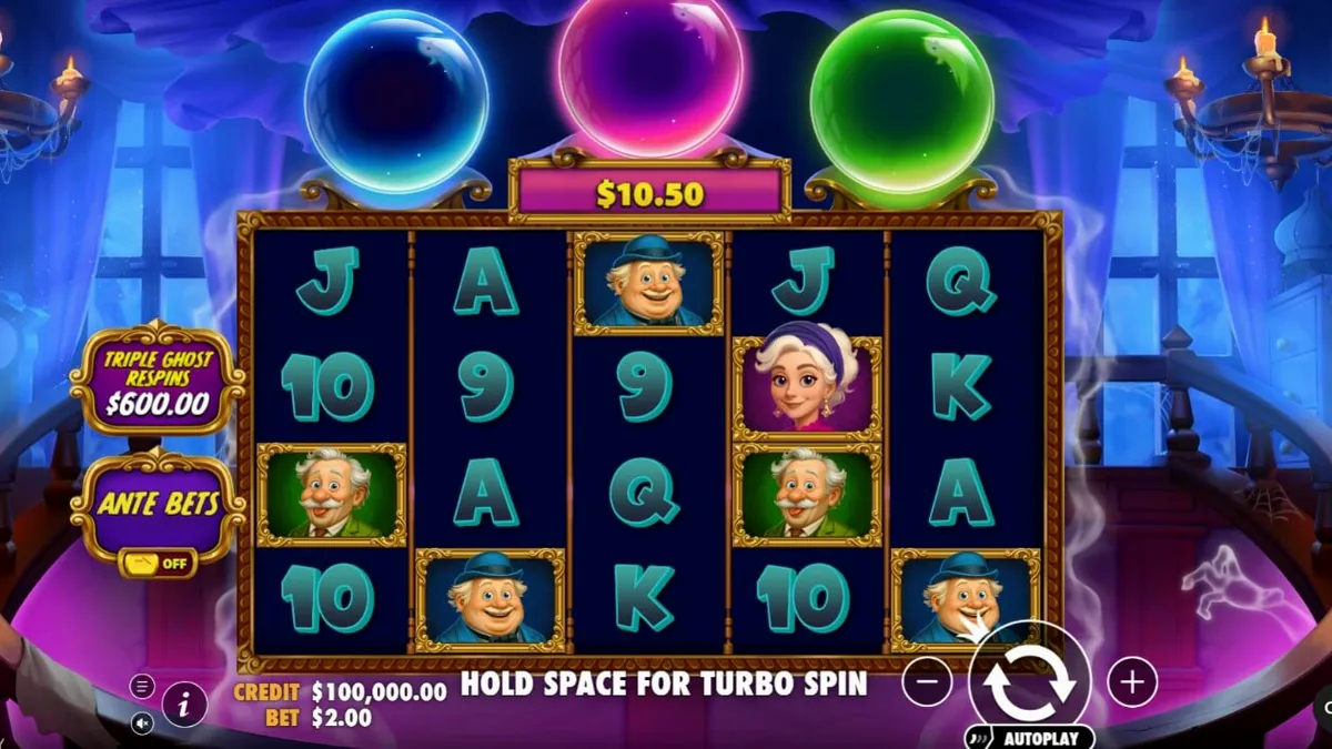 Tampilan layar permainan slot Great Ghosts dengan elemen supernatural dan bola kristal.