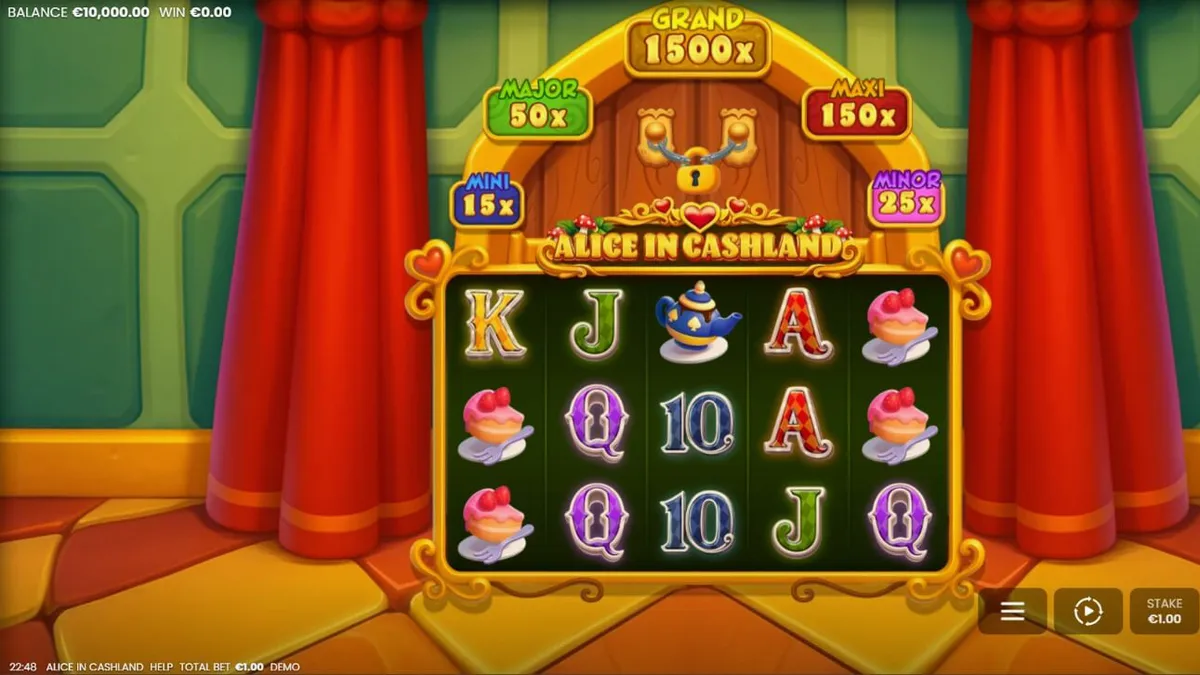 Tampilan visual slot Alice in Cashland dengan tema Wonderland yang magis
